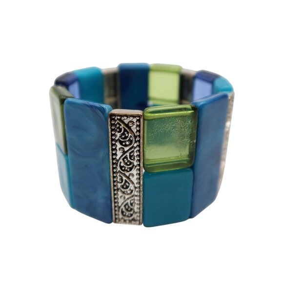 Lucite & Silver Tone Wide Cuff Stretch Bracelet Blue Green Unsigned - Picture 2 of 5